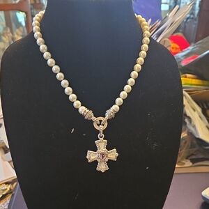 Judith Ripka White Pearl Necklace with Silver Cross Pendant